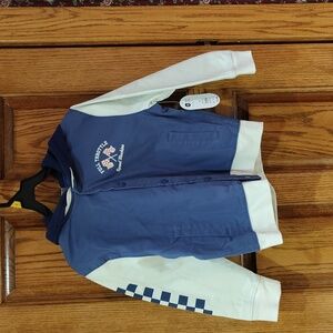 Kids Blue & Light Beige Racer-Themed Bomber Jacket With Navy Hood NWT 10